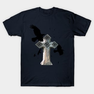 Gothic Cross Headstone With Crows and Ravens T-Shirt